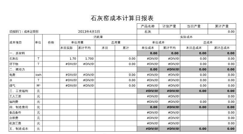 如何制作石灰窑成本计算报表